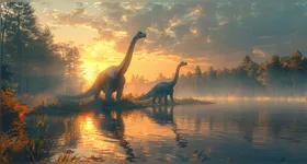 Dinossauros saurópodes em seu habitat natural, retratados em uma ilustração gerada por inteligência artificial.