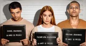 Felipe Simas (como Daniel Cravinhos), Marina Ruy Barbosa (no papel de Suzane von Richthofen) e Kelner Macêdo (interpretando Christian Cravinhos) aparecem caracterizados para a série "Tremembé".