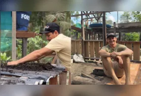 Influenciador Thiago Barros mostra o resultado do plantio de cheiro-verde em telhas.