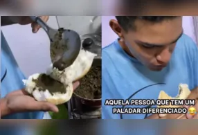 Nas imagens, Gustavo aparece abrindo o pão, colocando uma porção de maniçoba e provando o resultado.
