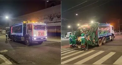 De caravana da Coca-Cola à "Carreta Furacão": caminhão de coleta iluminado vira atração noturna na Pedreira e rende comentários dos moradores.