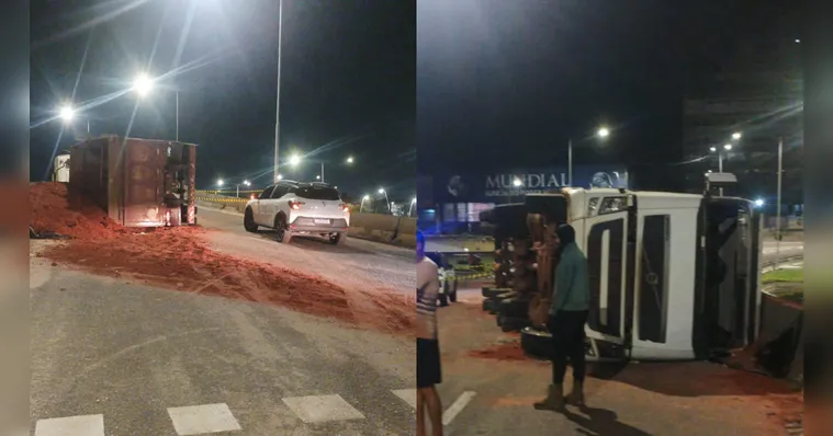 Imagem ilustrativa da notícia Caminhão tomba no elevado do Entrocamento e deixa trânsito lento