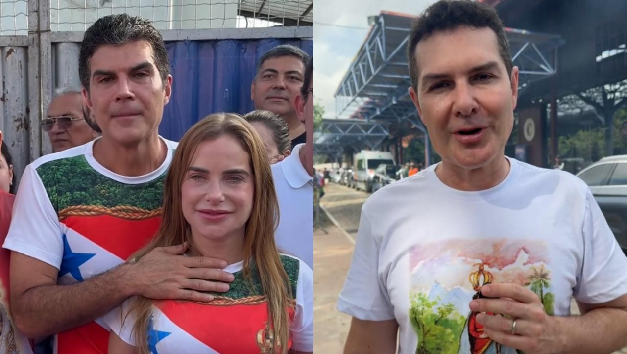 O governador do Pará, Helder Barbalho, ao lado da primeira-dama, Daniella Barbalho, e o ministro das Cidades, Jader Filho, comentam sobre a emoção de participar de mais um Círio de Nazaré.