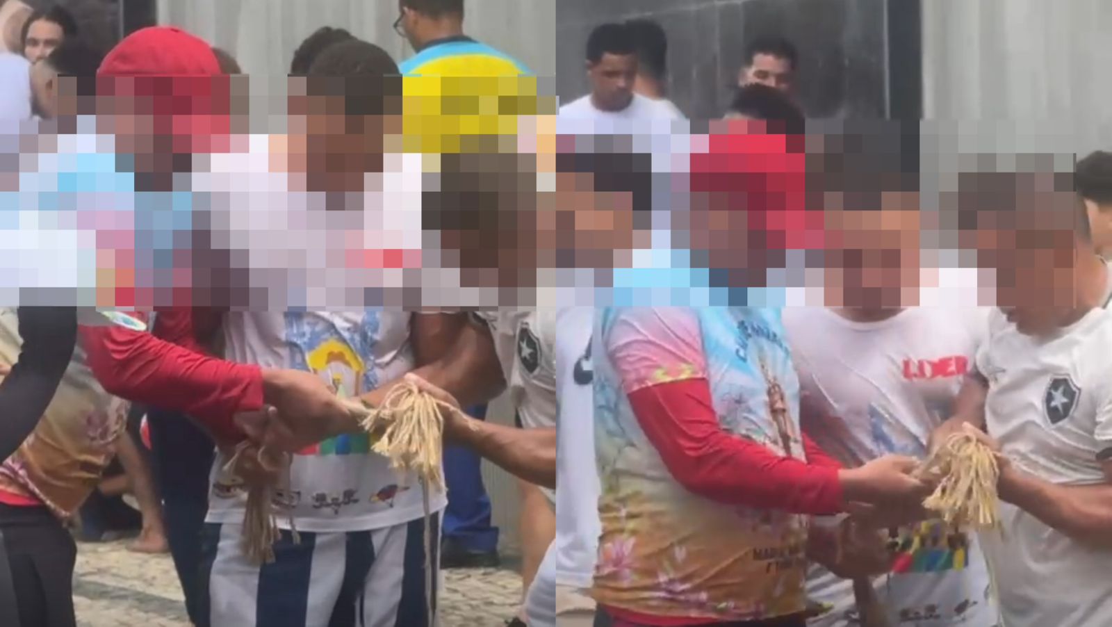 Romeiros cortam a corda antes da chegada na Basílica Santuário.