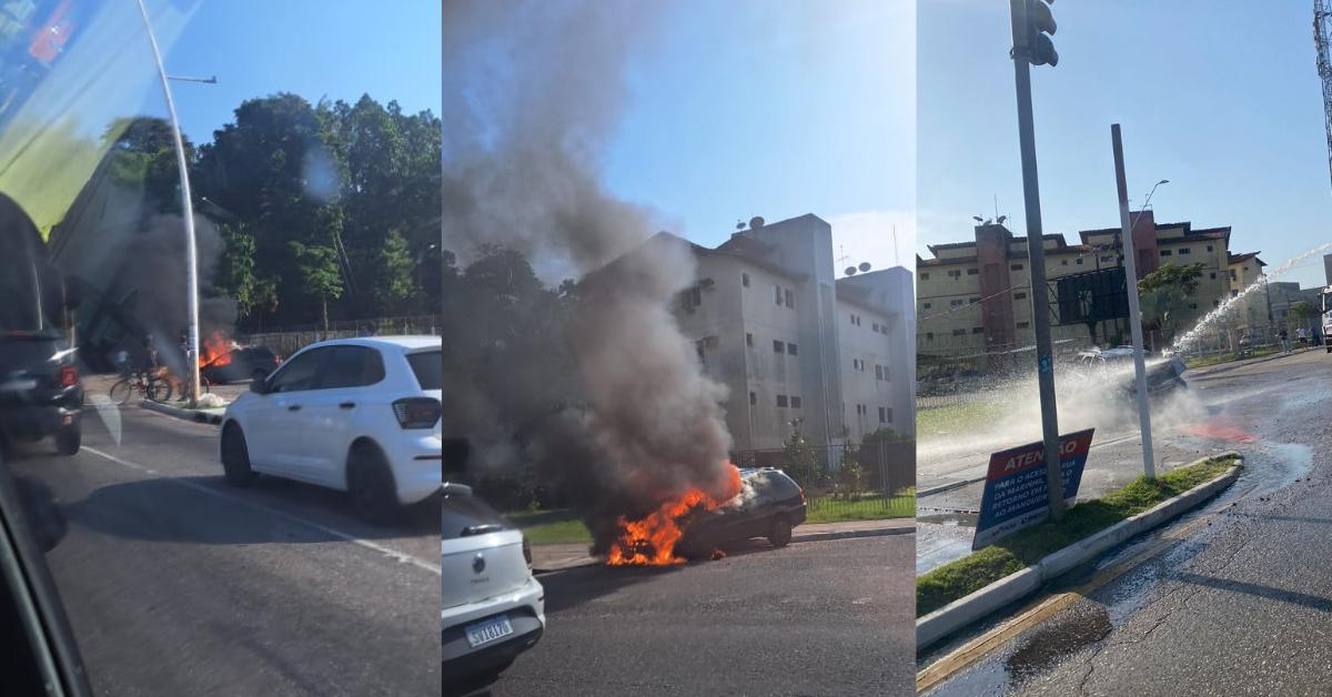 Carro pega fogo e deixa trânsito lento na Augusto Montenegro