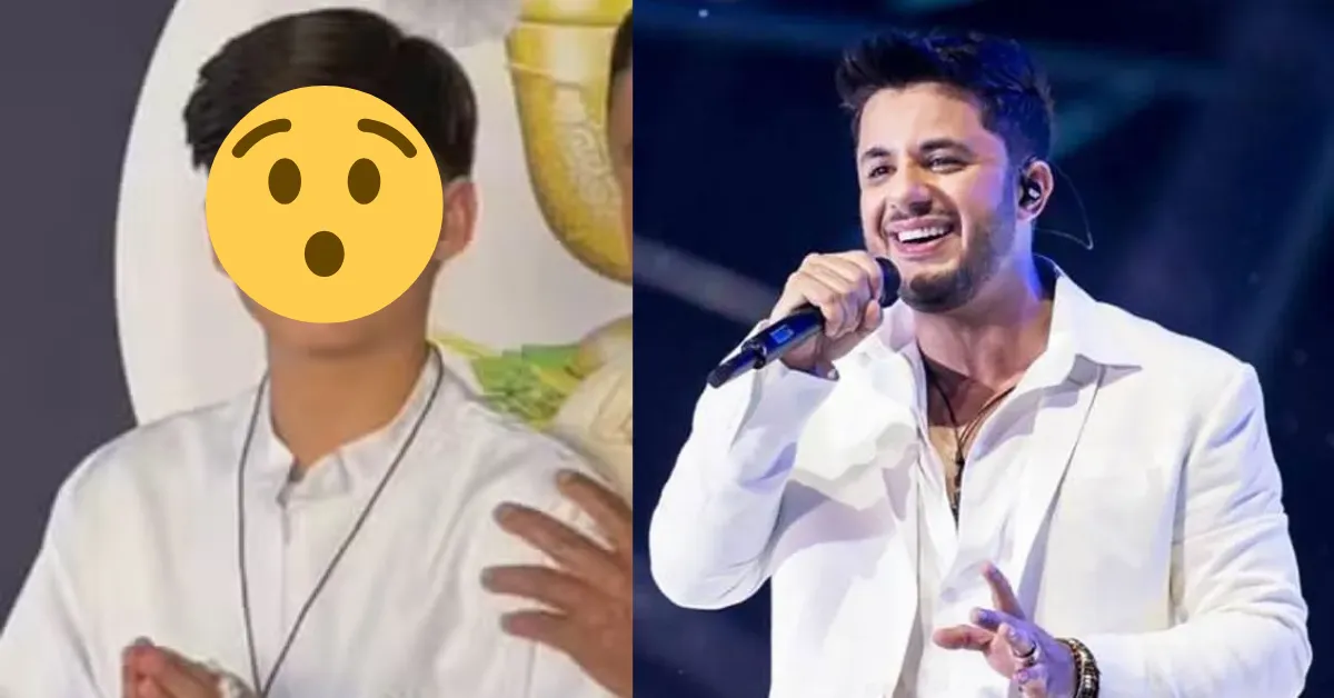 Bernardo Araújo durante a Primeira Comunhão; semelhança com o pai, Cristiano Araújo, chamou atenção nas redes sociais.