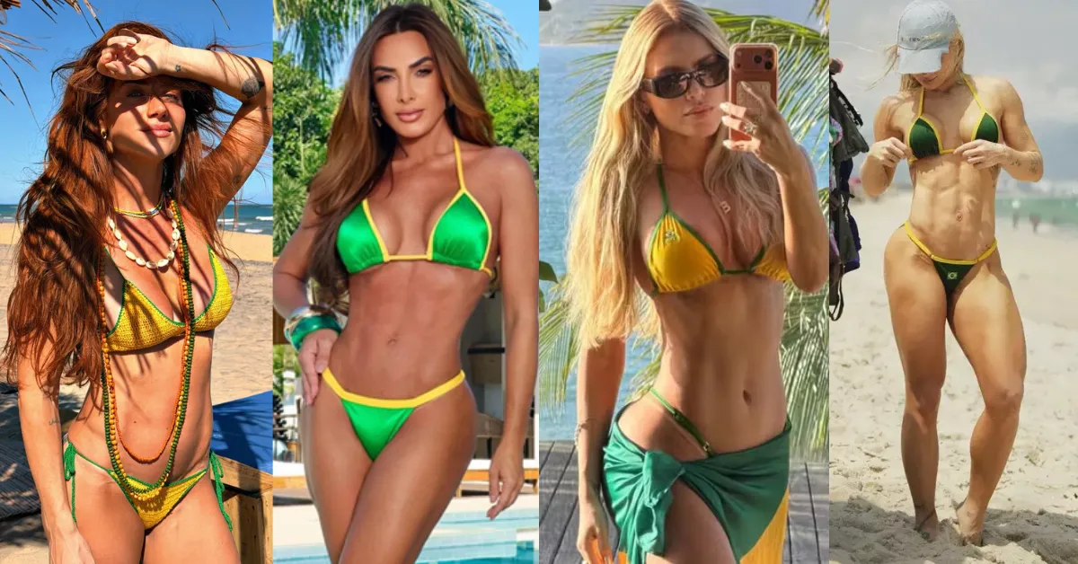 Celebridades como Giovanna Ewbank, Erika Schneider, Virginia Fonseca e Nicole Bahls aderem ao “biquíni do Brasil”, tendência do brazilcore que viralizou nas redes sociais.