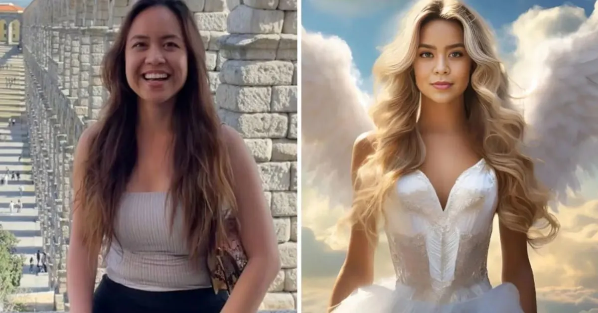 A Caitlin Ner real ao lado de uma imagem dela como anjo gerada por inteligência artificial