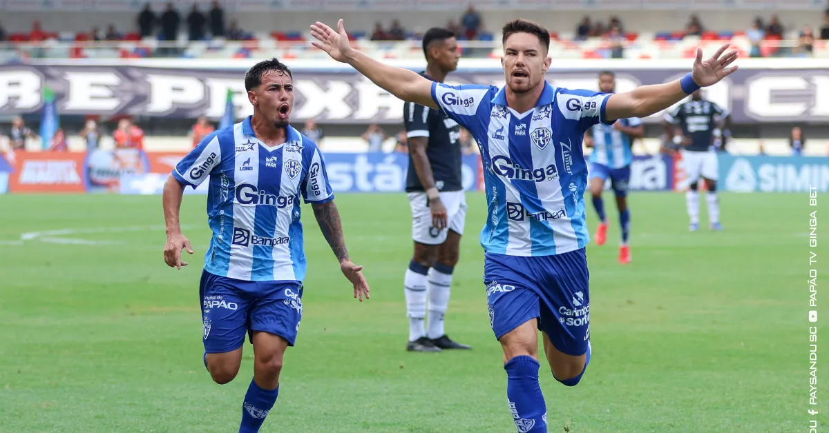 Caio Mello comemora o primeiro gol bicolor no Re-Pa 782, pela decisão do Parazão 2026.