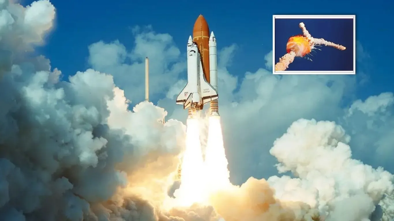 Rastro de fumaça deixado pela desintegração do ônibus espacial Challenger sobre o Oceano Atlântico pouco após a decolagem.