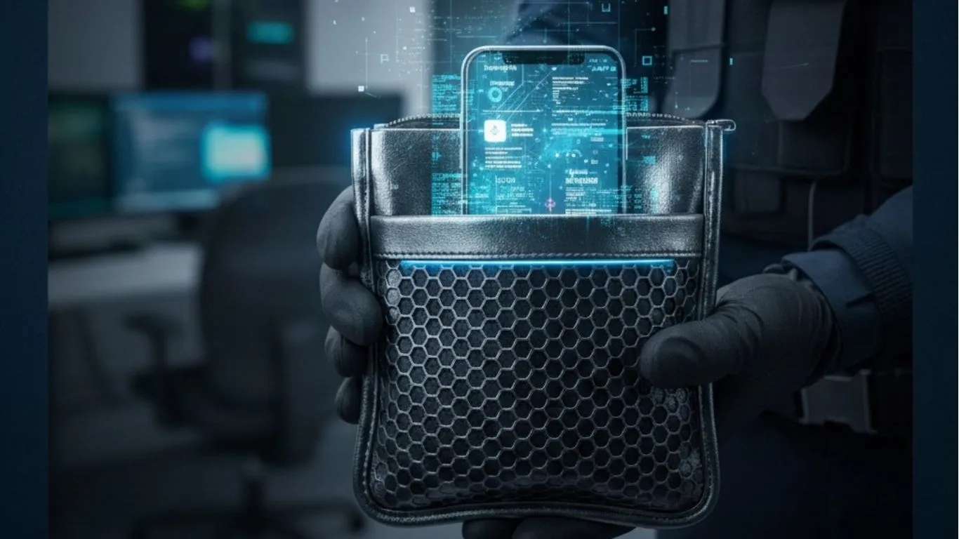 Exemplo de bolsa com tecnologia de isolamento (Gaiola de Faraday) utilizada para proteger dispositivos apreendidos de comandos remotos.