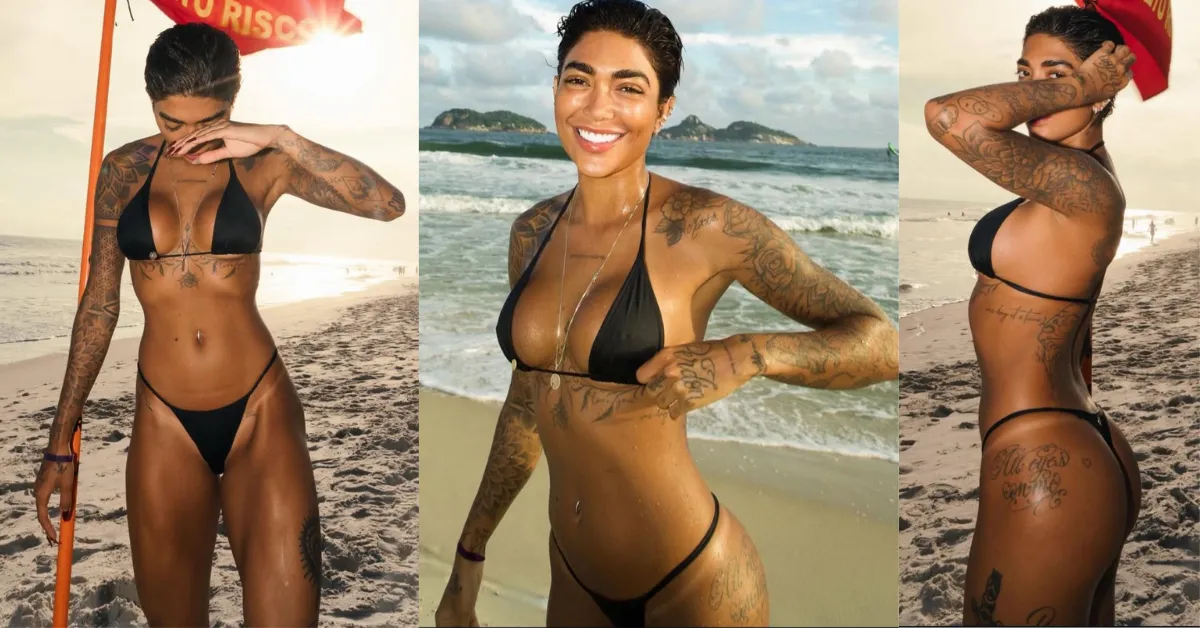 Dhiovanna Barbosa rouba a cena na Barra da Tijuca com biquíni preto e beleza natural, exibindo corpo bronzeado e estilo descontraído durante dia de praia.