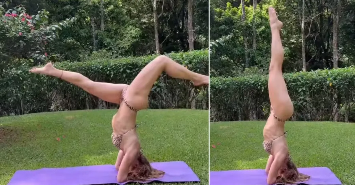 Leticia Spiller pratica postura de ioga ao ar livre e impressiona seguidores com elasticidade e preparo físico.