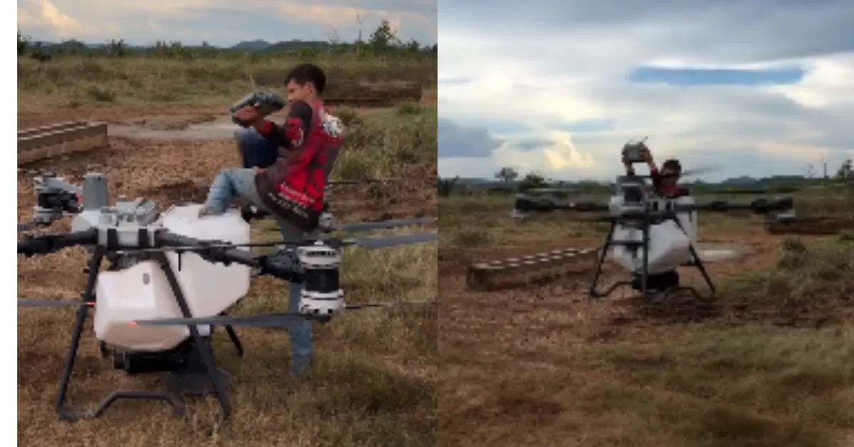 Piloto paraense "entra" no drone e se desloca de um local para o outro no equipamento