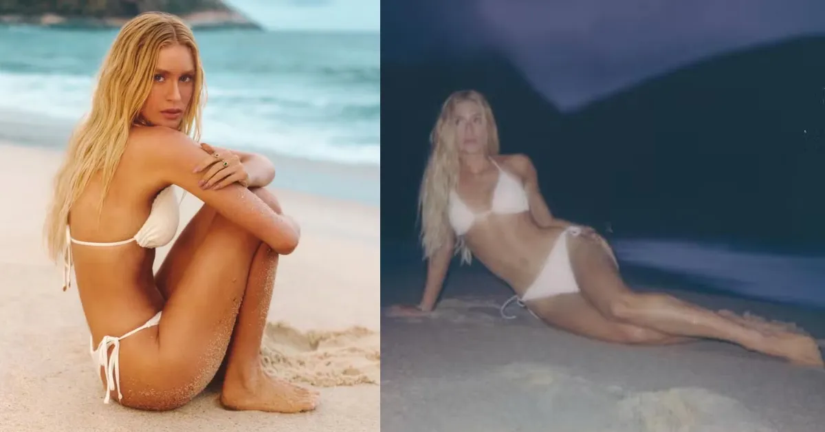 Marina Ruy Barbosa aparece loiríssima em registros na praia