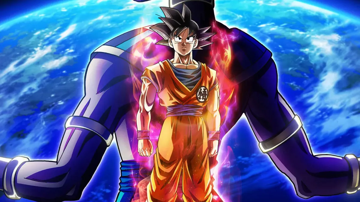 Nova  arte visual de Dragon Ball Super: Beerus destacando Goku Super Saiyajin Deus e o Deus da Destruição contra o cenário espacial.