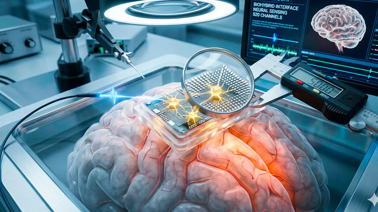 Protótipo do sensor biohíbrido da Science Corp. mostra dimensões reduzidas e interface projetada para evitar danos ao tecido nervoso.