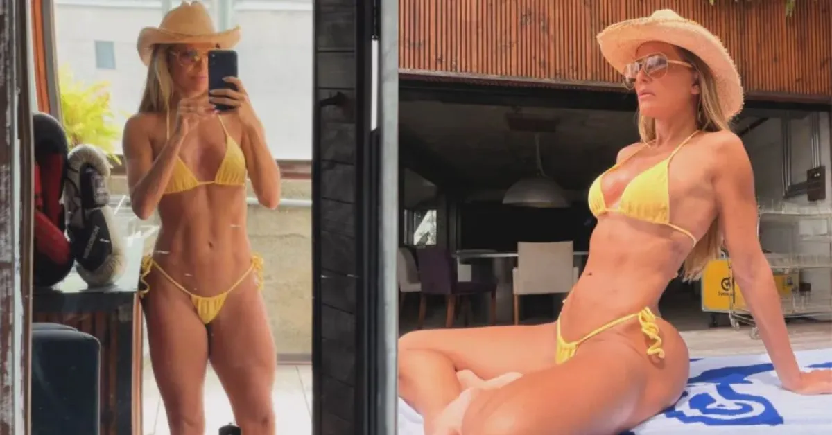 Para completar o visual, a atriz usou chapéu de palha e óculos escuros.