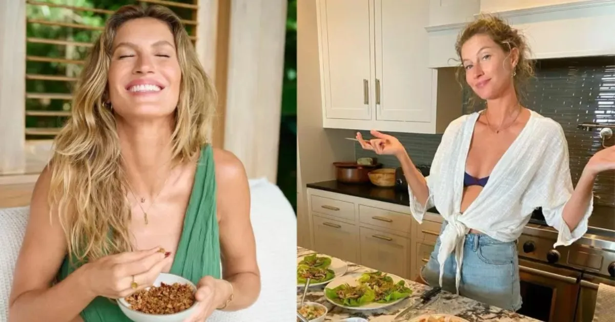 Hoje em dia, Gisele mantém uma alimentação baseada majoritariamente vegetal com inclusão pontual de produtos de origem animal.