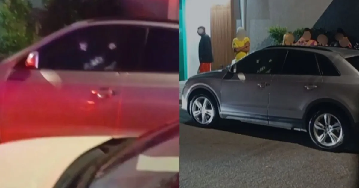 Marcas dos disparos na janela do carro das vítimas