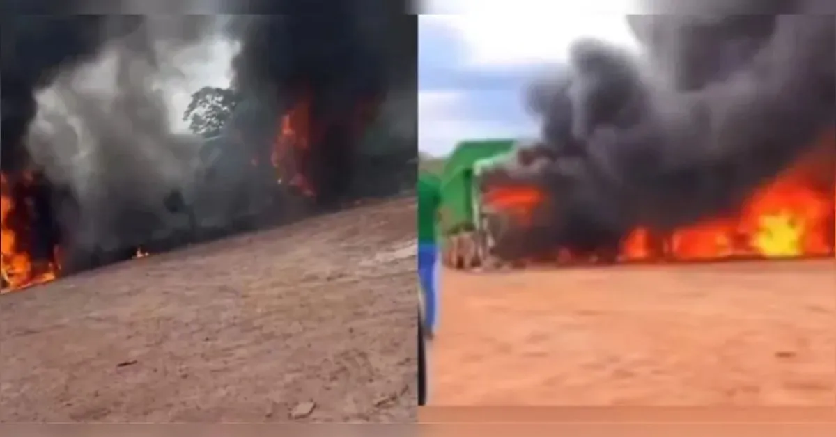 Caminhões ficaram completamente destruídos após incêndio criminoso em Irituia; polícia investiga ação de grupo criminoso na região.