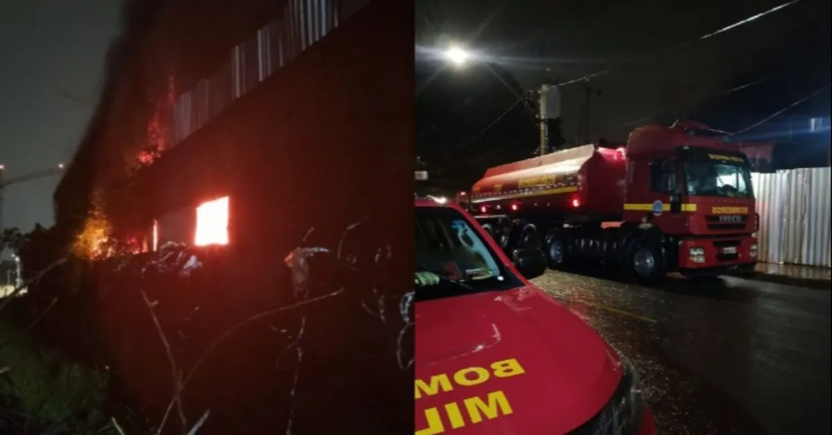 O galpão que pegou fogo armazenava grande quantidade de cadeiras, mesas, cortinas e colchões.