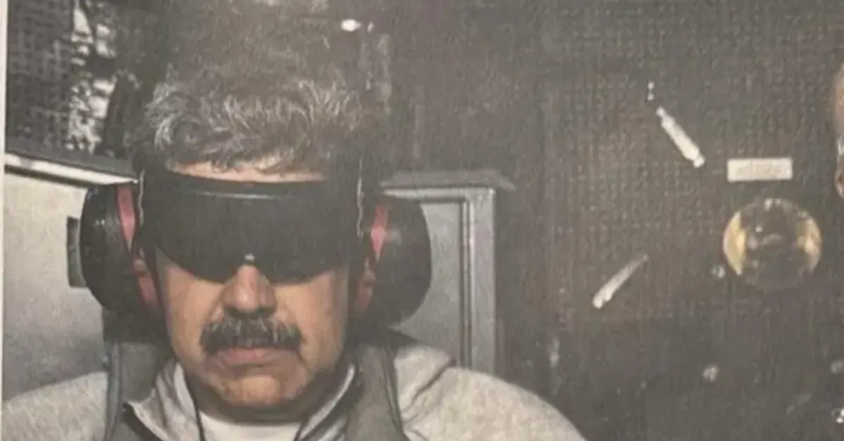 Nicolás Maduro aparece vendado e sob custódia de agentes norte-americanos logo após sua captura, durante operação militar dos EUA em Caracas, no dia 3 de  janeiro de 2025.