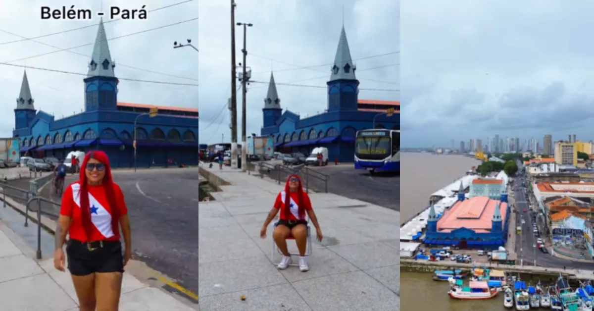 DJ Meury grava vídeo aéreo no Ver-o-Peso, em Belém, enquanto drone captura a baía do Guajará, viralizando a trend iniciada na Rocinha.