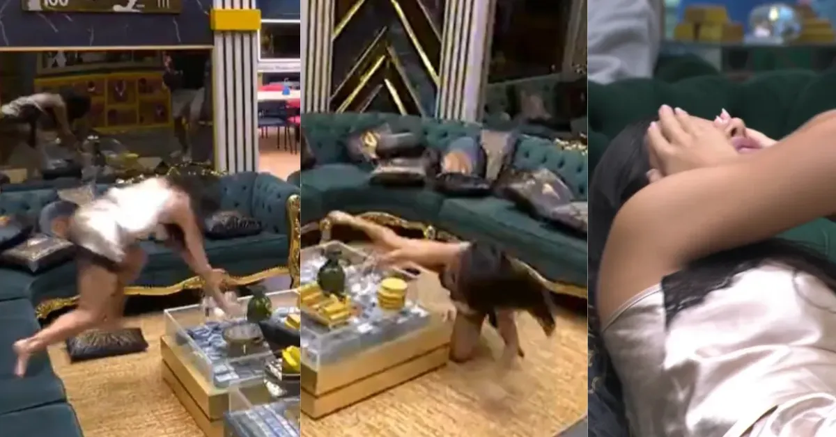 Jordana Morais se desequilibra ao subir no sofá