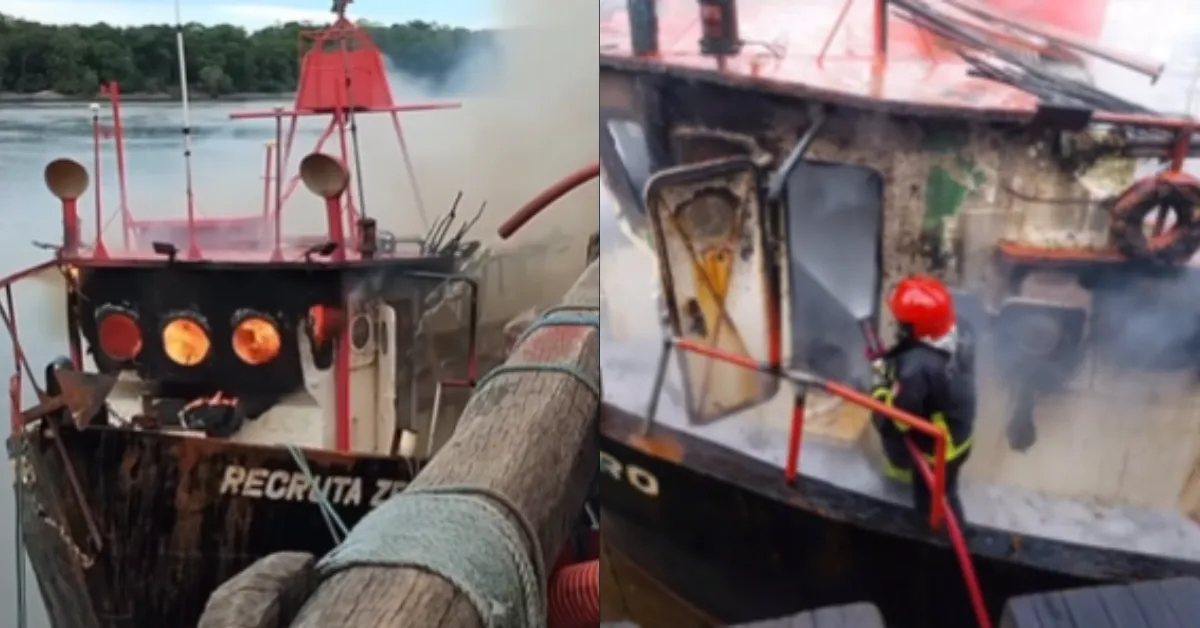 Bombeiros combatem incêndio em embarcação no Bacuriteua, vila de Bragança (PA); fogo durou mais de três horas e mobilizou equipes especializadas.