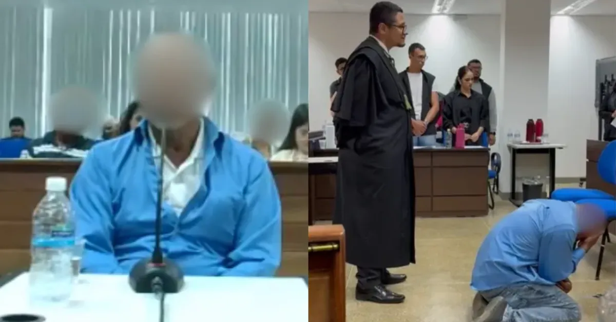 De joelhos e em lágrimas, réu reage no tribunal após júri popular absolvê-lo das acusações, ao reconhecer que ele agiu para proteger a filha de agressões do companheiro.