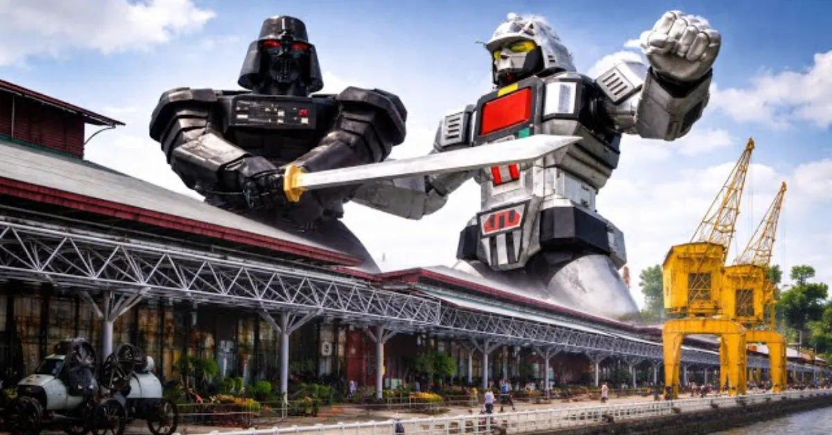 Herói e vilão japoneses ganham versão amazônica em batalha criada por IA, com cenários icônicos de Belém ao fundo.