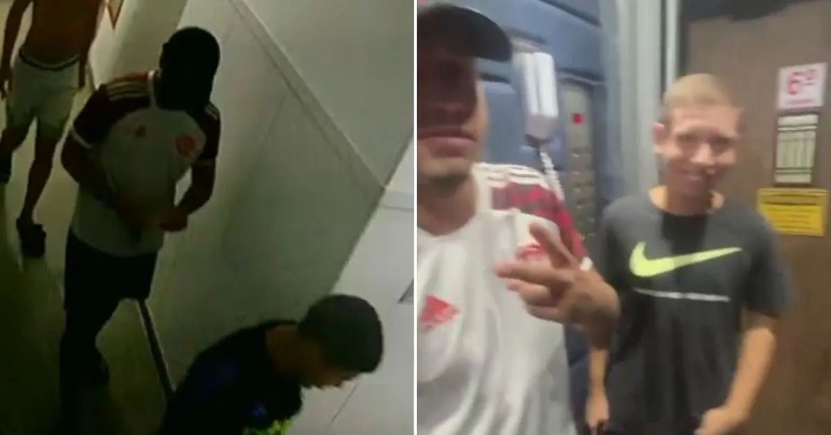 Suspeitos investigados por estupro coletivo aparecem sorrindo em vídeo gravado dentro de elevador logo após deixarem o apartamento em Copacabana.