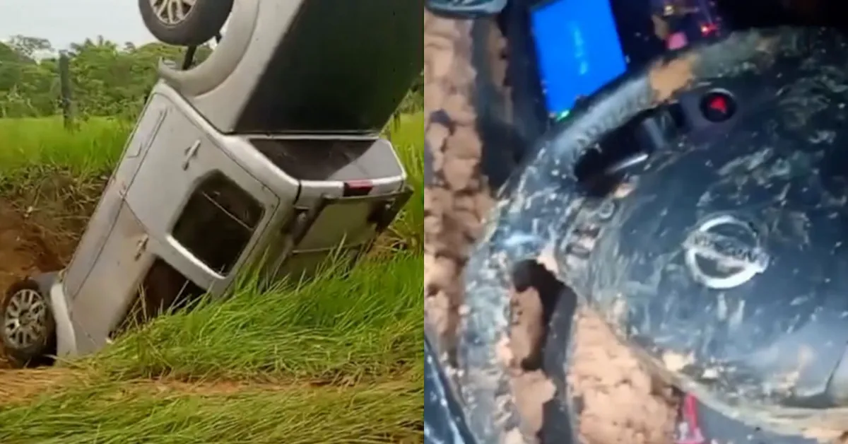 Caminhonete ficou com as rodas para o alto após capotar durante chuva na estrada do Monteiro, em Bragança