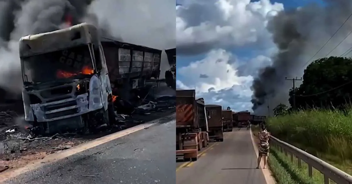 Colisão entre carretas na PA-150 deixa um morto e provoca incêndio com densa coluna de fumaça na rodovia.