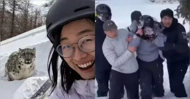 Antes do ataque, a selfie feita pela turista. À direita, a mulher sendo socorrida após o ataque.