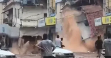 O imóvel desabou em meio às fortes chuvas que atingem o município mineiro