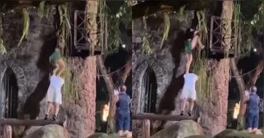Circula nas redes um vídeo que mostra um casal tentando subir em um castelo fechado na Praça Batista Campos, em Belém.