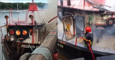 Bombeiros combatem incêndio em embarcação no Bacuriteua, vila de Bragança (PA); fogo durou mais de três horas e mobilizou equipes especializadas.