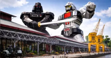 Herói e vilão japoneses ganham versão amazônica em batalha criada por IA, com cenários icônicos de Belém ao fundo.