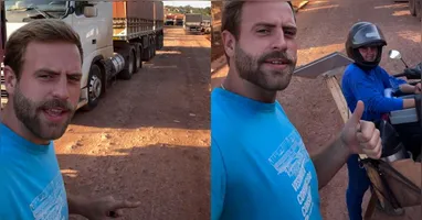 Antena da Starlink adaptada em bicicleta garante internet via wi-fi e permite pagamentos digitais em plena fila de caminhões no interior do Pará.