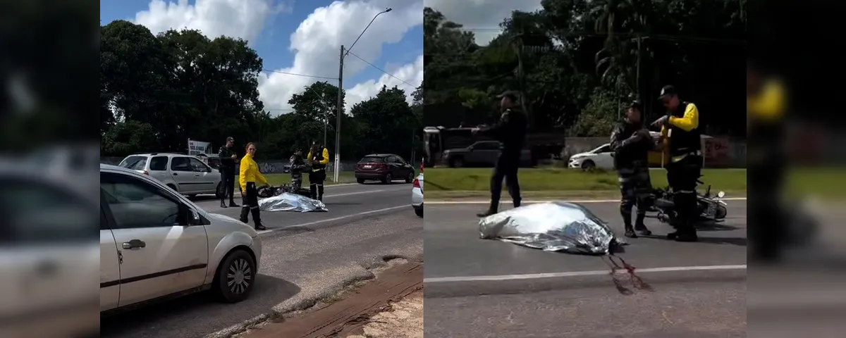 Faixa da BR-316 interditada em Marituba após acidente fatal envolvendo motociclista e caminhão, enquanto equipes de trânsito atuam no local.