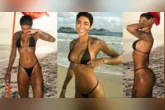 Dhiovanna Barbosa rouba a cena na Barra da Tijuca com biquíni preto e beleza natural, exibindo corpo bronzeado e estilo descontraído durante dia de praia.