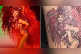 Clayton Ricardo mostra tatuagem gigante de Virginia Fonseca vestida como rainha de bateria da Grande Rio.