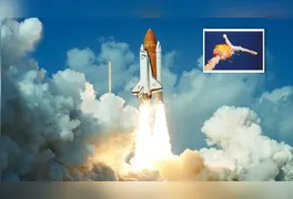 Rastro de fumaça deixado pela desintegração do ônibus espacial Challenger sobre o Oceano Atlântico pouco após a decolagem.