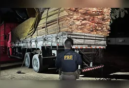 Agentes da PRF vistoriam carga de madeira serrada apreendida no km 245 da BR-222, em Marabá.