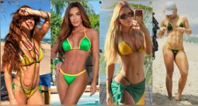 Celebridades como Giovanna Ewbank, Erika Schneider, Virginia Fonseca e Nicole Bahls aderem ao “biquíni do Brasil”, tendência do brazilcore que viralizou nas redes sociais.