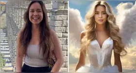 A Caitlin Ner real ao lado de uma imagem dela como anjo gerada por inteligência artificial