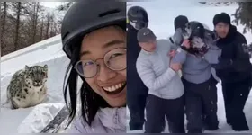 Antes do ataque, a selfie feita pela turista. À direita, a mulher sendo socorrida após o ataque.