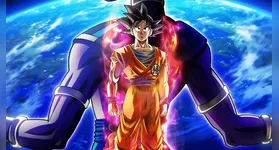 Nova  arte visual de Dragon Ball Super: Beerus destacando Goku Super Saiyajin Deus e o Deus da Destruição contra o cenário espacial.